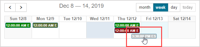 Cursor is shown dragging private event from one date to the previous date in the Calendar.